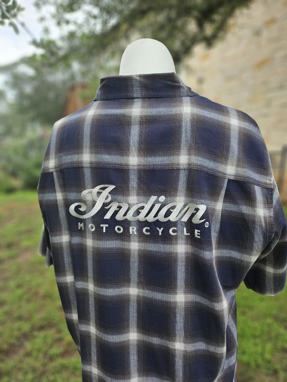 Indian Motorcycle Men's 100% Cotton Grey Plaid Short Sleeve Shirt Large